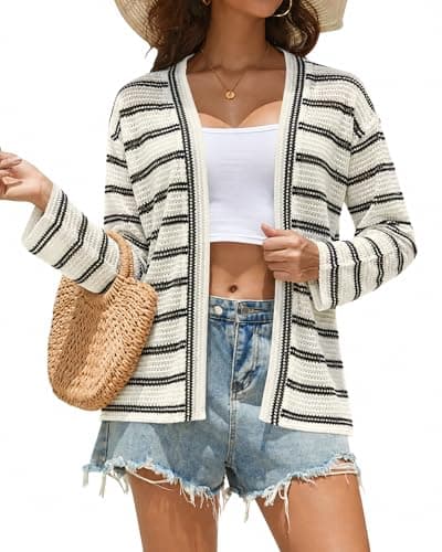 MISFAY Womens Crochet Cardigan Open Front Lightweight Coverup Black Beige - Image 1