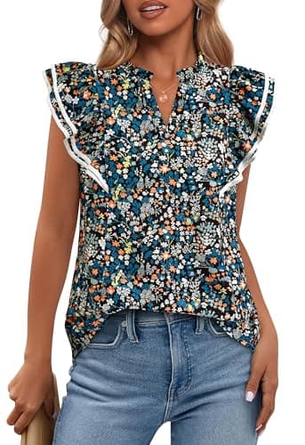 BTFBM Womens Tops Dressy Casual 2026 Spring Summer Shirts Boho Floral V Neck Ruffle Cap Sleeve Business Work Blouses(Floral Black Blue, XX-Large) - Image 1