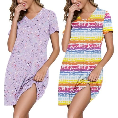 Marvmys Women 2 Pack Short Sleeve Nightgowns Soft Comfy Lounge Dress V Neck Nightshirts Nightdress Purple Star+Rainbow Tie-dye M - Image 1