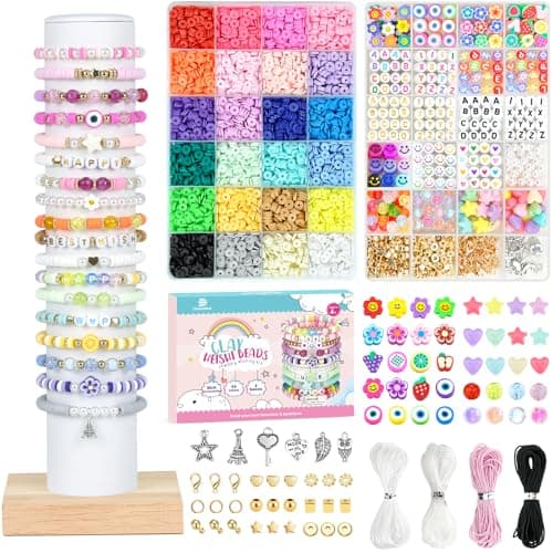 Dowsabel Clay Beads 7500 Pcs Friendship Bracelet Making Kit,2 Boxes 24 Colors Polymer Heishi Beads with Letter Beads for Jewelry Making, DIY Arts and Crafts Gifts Toys for Girls Age 4+ - Image 1