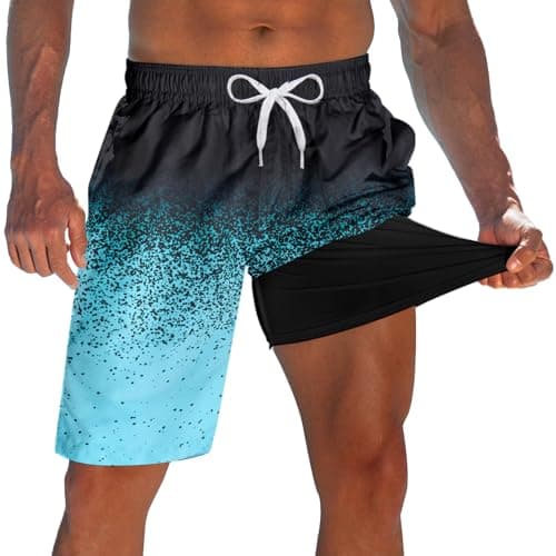 westwolf Men's Swim Trunks with Compression Liner Black Blue 9" Long Board Shorts for Mens Hawaii Quick Dry Cycling Bathing Suits Beach Shorts with Inner Pocket Holiday Running Swim Shorts M - Image 1