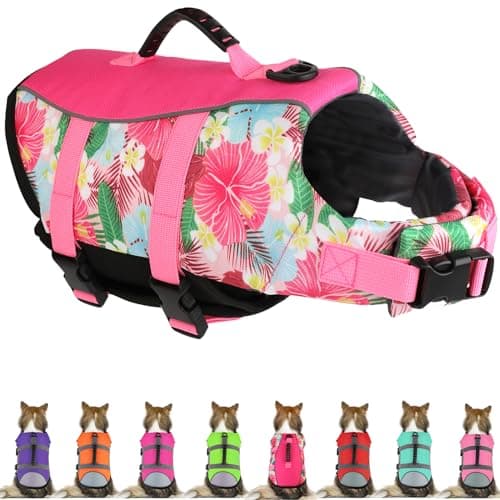 Mklhgty Dog Life Jacket, Reflective & Adjustable, Hawaiian Style, for Small Medium Large Dogs, Polyester & Cotton, Floral Pink, L - Image 1