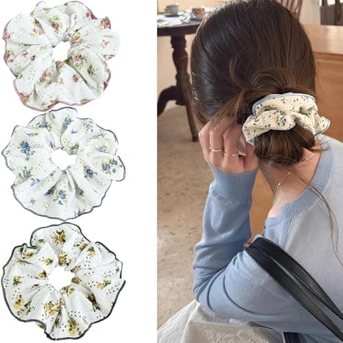 Jseng 3PCS Large Floral Scrunchies for Hair, Cute Hair Ties, Pink, Blue and Green - Image 1