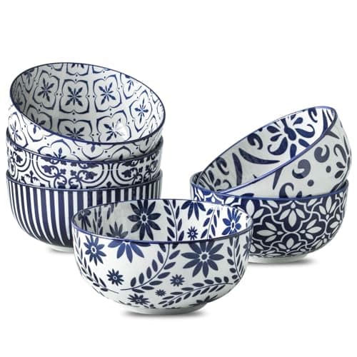 JINGUS Cereal Bowls, 28 Ounce Ceramic Soup Bowls Set of 6, Bowl Set for Rice Salad Fruit Dessert Oatmeal Snack Ice Cream,Microwave & Dishwasher Safe, Bohemian Blue & White - Image 1