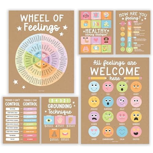 Hadley Designs Feelings Chart For Kids Ages 4-8 - Emotions Chart For Toddlers 3-5, Counseling Feelings Posters For Classroom Calming Corner, Social Emotional Learning Posters, Kraft Classroom Decor