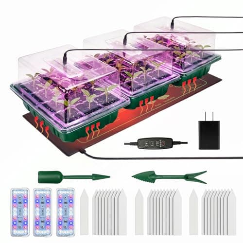 Wuraire Seed Starter Tray 3 Pack with Heating Mat & 24 Full Spectrum LEDs Grow Light – Auto Cycle Timer, Humidity Dome Ventilation Cover, Drainage Holes, Includes Gardening Tools – Green Version - Image 1