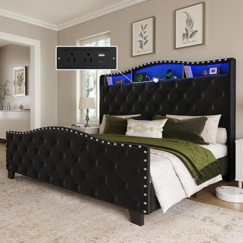 Belffin Queen Size Bed Frame and Headboard, 50.9" Velvet Upholstered Wingback Bedframe with LED Lights & Storage/Charging Station, Button Tufted Tall Footboard, No Box Spring Needed, Noise-Free, Black - Image 1