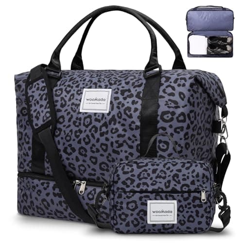 WOOMADA Weekender Overnight Bag for Women, Shoulder Travel Duffel with Shoes Compartment,Gym Bag with Toiletry Bag Large Size(black leopard) - Image 1