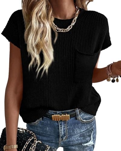 KIRUNDO Spring Summer Short Sleeve Sweater for Women 2026 Casual Sweater Vest Cotton Knit Pullover Tank Tops Fashion Clothing(Black, X-Large) - Image 1