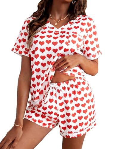 ASTANFY Valentines Day Pajamas Women 2 Piece Silk Valentine Pjs Cute Heart Pajamas V Neck Satin Sleepwear Loungewear Set - Image 1