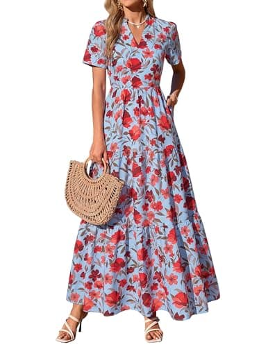 KIRUNDO Womens Floral Boho Flowy Maxi Dress, Blue Red Flower, XX-Large - Image 1