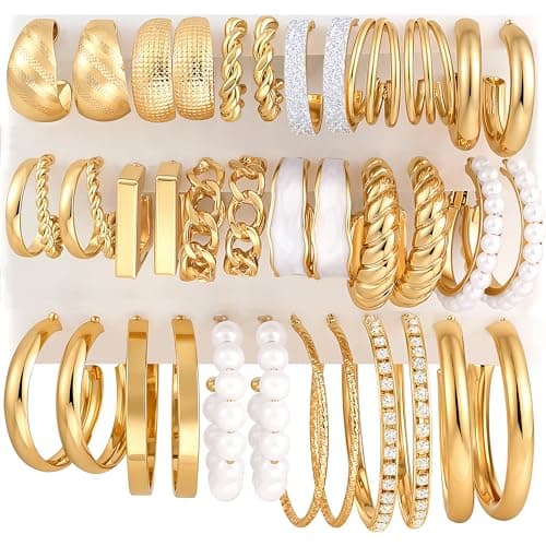 18 Pairs Gold Hoop Earrings Set for Women, Hypoallergenic Chunky Pearl CZ Croissant Statement Hoop Earrings Pack, Trendy Jewelry Set for Women Gifts - Image 1