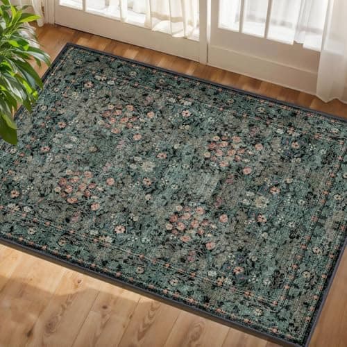 Boho Floral Washable Entry Small Rug, 2x3 Dark Green Distressed Kitchen Throw Rug - Soft Cottagecore Botanical Floor Mat for Bathroom, Laundry, Front Door, Indoor Entrance with Low Pile, Non Slip - Image 1