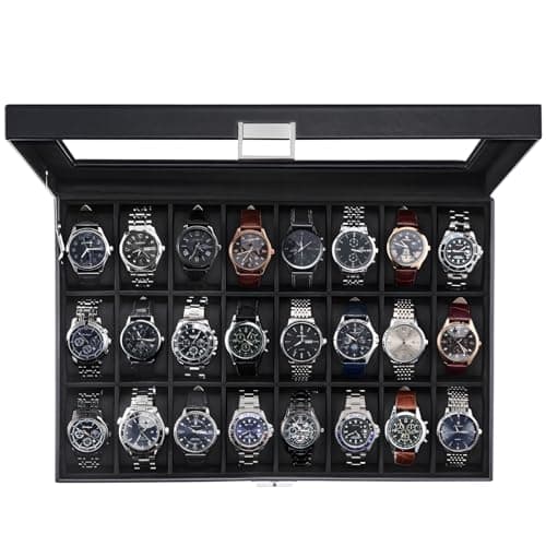 ProCase Watch Box for Men, 24 Slot Display Case with Real Glass Lid and Removable Pillows. Premium Storage Holder Organizer, Gift for Dad & Father's Day & Watch Collectors -AllBlack - Image 1