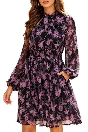 Ystguic Women's Chiffon Bow Tie Long Sleeve A Line Smocked Empire Waist Black and Purple Abstract Floral Dress X-Large XL Flowy Cocktail Party Casual Italy Elegant Vocation for Seniors - Image 1