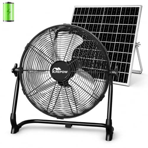 CREPOW 12" Solar Powered Floor Fan, Rechargeable Battery Operated Floor Fans with USB&Type C Output, 4.5-27H Runtime, Quiet Cordless Outdoor Fan for Outside Camping Greenhouse Shed Power Outage