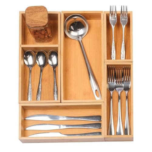 Vincona Bamboo Drawer Organizers Set, 5-Piece Multi-Use Wood Storage Organizers, Desk Drawer Tray for Kitchen, Bathroom, Office, Dresser, Bamboo Box Bin for Jewelry, Makeup, Junk, Gadgets - Image 1