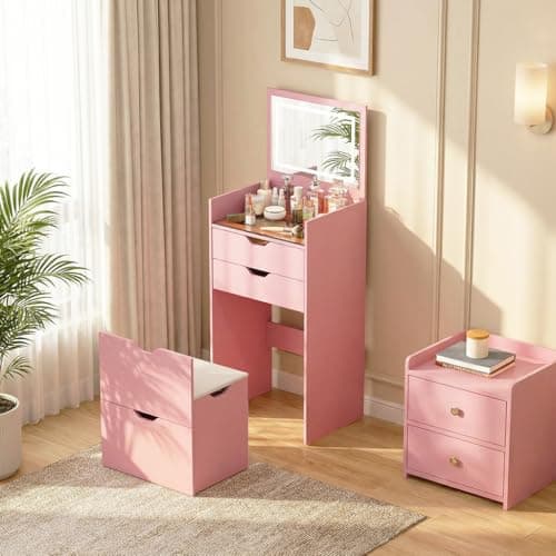 WIDELUCK 3-in-1 Vanity with Mirror and Lights, Modern Compact Vanity Table with 3 Storage Drawer, Small Makeup Vanity Desk, Dressing Table with Cushioned Stool for Bedroom, Cloakroom (Pink) - Image 1
