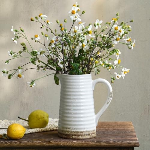 Quoowiit Ceramic Rustic Vase with Handle, White Distressed Decorative Farmhouse Pitcher Vase for Home Decor Living Room Bedroom Kitchen Office Shelf Decor Centerpiece Table Decoration - Image 1