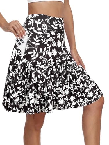 KORALHY 21" Golf Skorts with Pockets Pleated Tennis Skirts with Shorts Knee Length Skort for Athletic, Workout, Casual Wear Black Leaves M - Image 1