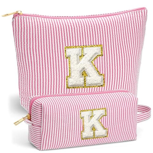 Fohufo Beach Bags for Women Girl - Summer Beach Toiletry Makeup Bag, Travel Gifts for Her, Summer Makeup Pouch for Women Girls Birthday Gifts for Womens Girls - Pink Initial K - Image 1