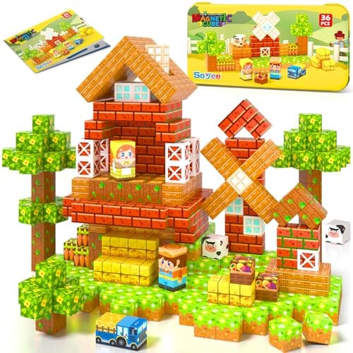 Soyee Magnetic Blocks Travel Toddler Toys Magnet Building Tiles Construction Cubes STEM Sensory Learning Farm Toys with Box Christmas Birthday Gifts for Kids Ages 3 4 5 6 7 8 Year Old Boys Girls
