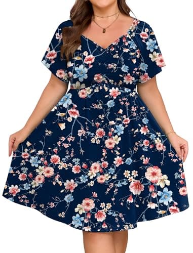 HUSKARY Womens Summer Dresses 2026 Plus Size Sweetheart Neckline Flare Short Sleeve Knee Length A Line Elastic Waist Casual Midi Dress with Pockets - Image 1