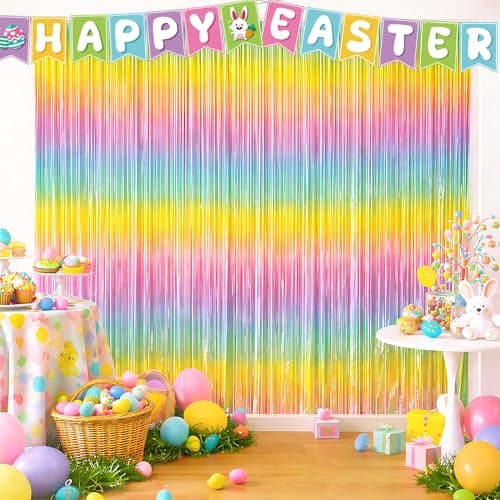 Easter Decorations - Rainbow Tinsel Streamers Backdrop Banner | Easter Party Favors Supplies Indoor Outdoor - Spring Birthday Decor Party Accessories for Wall Door - Image 1
