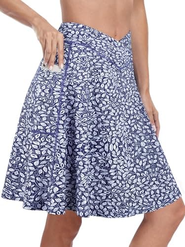 KORALHY Knee Length Athletic Skirt Golf Skorts with Pockets Tennis Skorts Workout Skirts for Women with Shorts Blue Leaves 3XL - Image 1