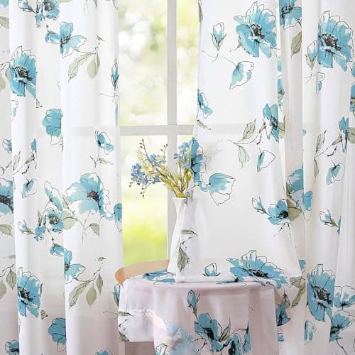 Blue Floral Sheer Curtains 84 Inch Length for Living Room Bedroom, 2 Panels Semi-Sheer Chiffon Drapes with Country Flower Pattern, Wrinkle Resistant Light Filtering Rod Pocket Curtains for Dining Room - Image 1