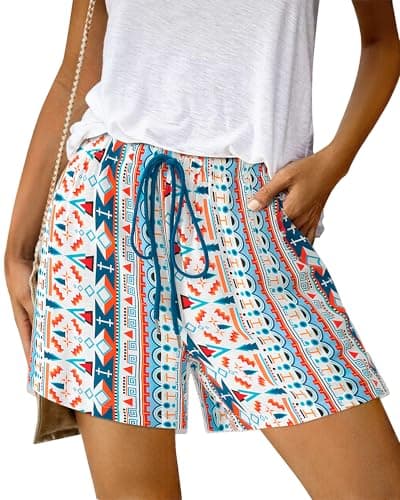 BTFBM Womens Boho Spring Shorts 2026 Beach Vacation Clothes Elastic Waist Casual Printed Loose Short Lounge Pant Pockets(Print Blue, Medium) - Image 1