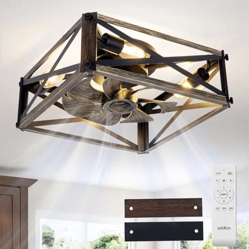 addlon Caged Low Profile Ceiling Fans with Lights and Remote, Small Farmhouse Flush Mount Fandelier, 6 Speeds Reversible Ceiling Fan with Rustic Square Design for Bedroom, Kitchen, Dining Room - Image 1