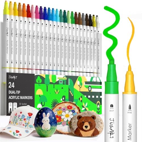 JusArt 24 Colors Acrylic Paint Markers, Dual Tip Coloring Markers with Dot and Fine Tip for Rock, Fabric, Wood, Glass, Ceramic, Canvas, Vibrant Art Supplies and DIY Crafts Art Supplies - Image 1