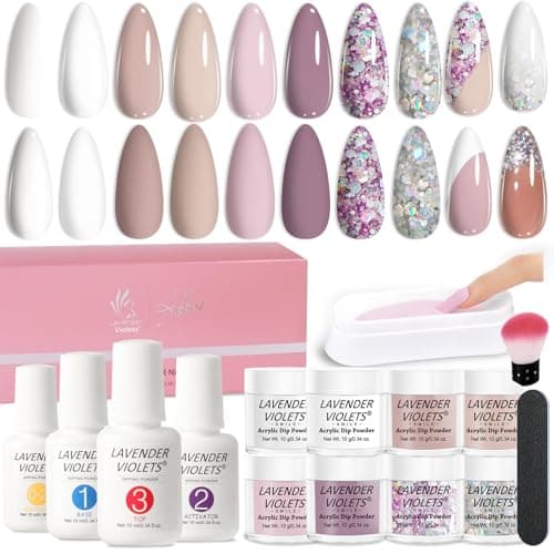 Lavender Violets Dip Powder Nail Kit for Beginners French Nail Kit– Clear,Nude, Pink,Diamond, Sliver Glitter Colors Nail Powder + Primer, Base/Top Coat, Activator, Tray, No UV Lamp Needed 09 - Image 1