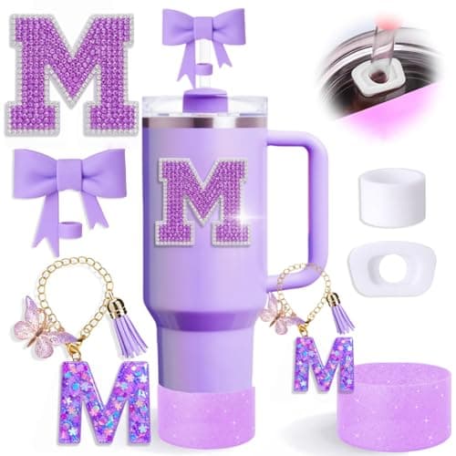 MOTEERLLU 6pcs Purple Stanley Cup Accessories Set,Bow Straw Cover for Stanley Cup 30oz 40oz, Including Straw Topper,Spill Proof Stopper,Sparkly Silicone Boot Set,Handle Charm,Initials Sticker (M) - Image 1