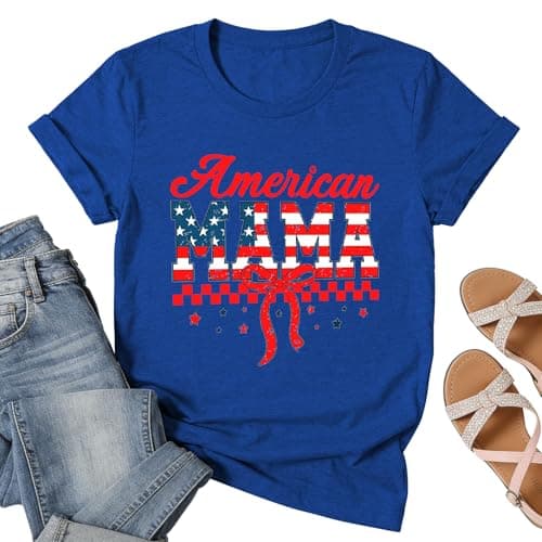 All American Mama 4th of July Shirts for Women-Bow Patriotic Shirt USA 250th Anniversary Tees American Mama Short Sleeve Blue - Image 1