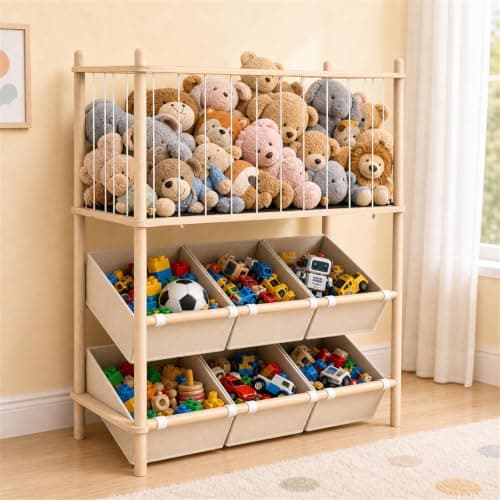 EAQ 2-in-1 Stuffed Animal Storage & Toy Organizer for Kids Rooms, 6 Bins - Image 1