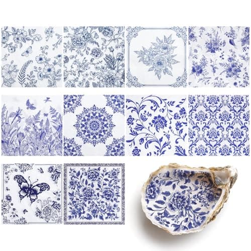 NatNarr 30 Pack Decoupage Napkins, 10 Styles Blue and White Floral Paper Napkins Chinoiserie Decorative Decoupage Napkin Printed Cocktail Paper for DIY Crafting Birthday Party Baby Shower - Image 1