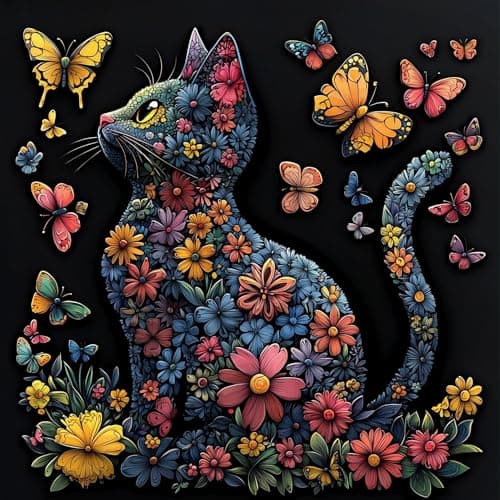 Floral Cat and Butterfly Jigsaw Puzzle for Adults 500 Piece, Colorful Flower Kitten Challenging Jigsaw Puzzle with Poster & Lettered Back, Family Activity Home Decor, 20x20 Inch