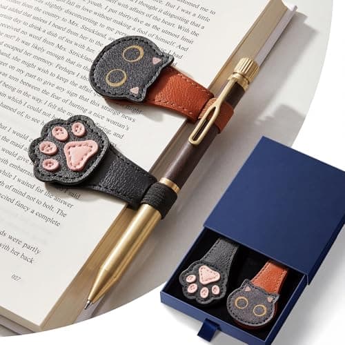 2Pcs Magnetic Bookmarks with Gift Box Magnetic Pen Holder for Notebook Cat Book Marks Clip Gift for Book Lover Readers Cute PU Leather Bookmark for Women, Cat+Paw (Brown+Black) - Image 1