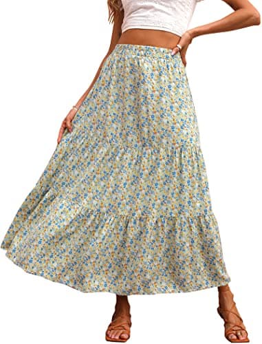 KIRUNDO Women 2026 Spring Summer High Waist Boho Floral Maxi Skirt Trendy Casual Flowy Swing Pleated A Line Beach Long Skirts(Light Blue, Medium) - Image 1
