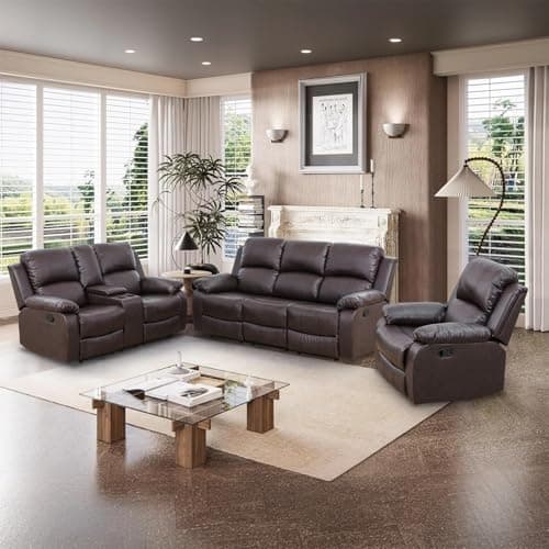 Breathing Leather Manual Reclining Sofa Set, Recliner Chair, Reclining Loveseat and 3 Seat Sofa, Recliner Couches for Living Room, Home Theater, Office, adjustment control module, Cup Holder, Brown - Image 1