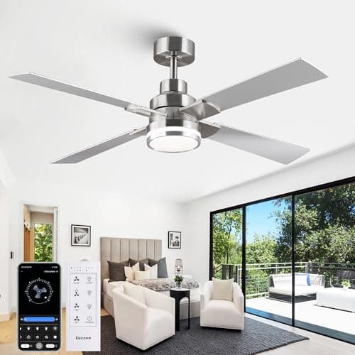 CalorHoga 52 Inch Ceiling Fans with Lights and Remote/APP, Brushed Nickel Ceiling Fan Modern, ETL Listed, 3CCT Dimmable, Timer, 6-Speeds, Quiet Reversible DC, Smart Silver Fan for Bedroom Living Room - Image 1