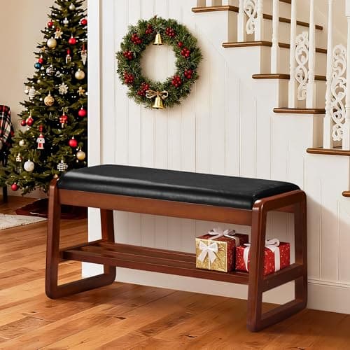 HABUTWAY Solid Wood Shoe Rack, Entryway Shoe Bench with Cushion, 2 Tier Shoes Organizer for Entryway, Hallway, Living Room-(Black,31.5"-M) - Image 1