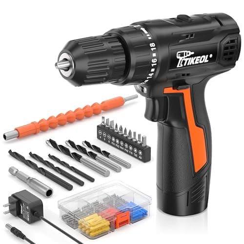 Tikeol 12V Cordless Drill Set, Lightweight Power Drill Driver with 3/8" Keyless Chuck, 2 Variable Speed Settings, 18+1 Position, Built-in LED Light, Mini drill for Home DIY, Furniture Assembly - Image 1
