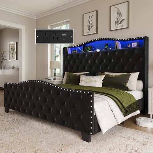 Belffin King Size Bed Frame and Headboard, 50.9" Velvet Upholstered Wingback Bedframe with LED Lights & Storage/Charging Station, Button Tufted Tall Footboard, No Box Spring Needed, Noise-Free, Black - Image 1