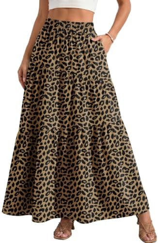 GRECERELLE Maxi Skirt for Women Floral Print Tiered A-Line High Waisted Flowy Casual Summer Boho Long Skirts with Pockets, LD Khaki, S - Image 1