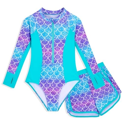 HOZIY Girls Swimsuit Two Piece Long Sleeve Rash Guard with Swim Shorts Kids Blue Mermaid Half Zipper Bathing Suits Beach Rashguard Sets Size 9-10 - Image 1