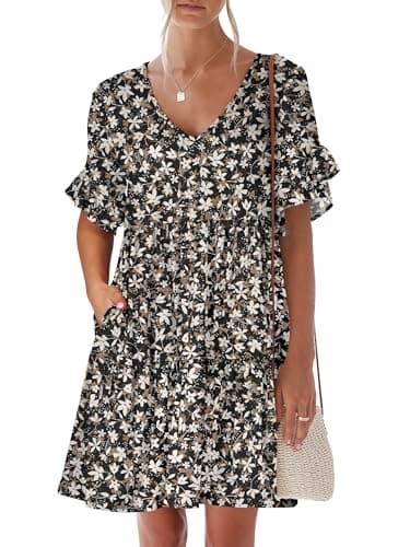 ANRABESS Dresses for Women Summer 2026 V Neck Ruffle Sleeve A Line Tiered Flowy Casual Trendy Mini Beach Dress with Pockets Black White Floral Small - Image 1
