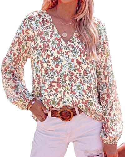 BTFBM Blouses for Women Dressy Casual Floral Summer Boho Tops V Neck Lightweight Long Sleeve Shirts Spring Clothes 2026(Pink Blue Flower White, Small) - Image 1